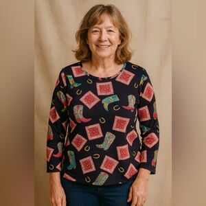 Vintage Women’s Large Western  Shirt Boots Bandana Cowgirl Couture Cotton Beaded